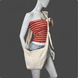 Cream Canvas Slouchy Sling Croissant Bag Adjustable Tie Strap Hobo Tote